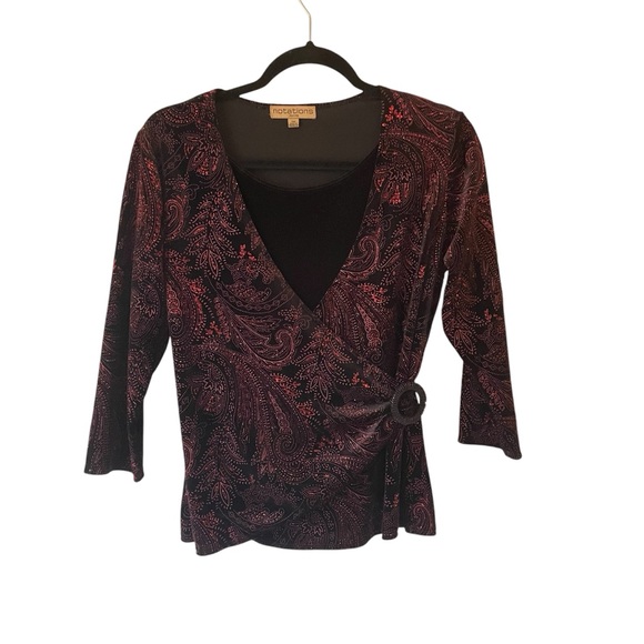 Vintage velvet paisley printed Notations black and red top size petite medium - Picture 1 of 15